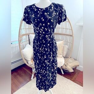 Vintage 90s Black Floral Midi Dress Puff Sleeve Made in USA Grunge Retro